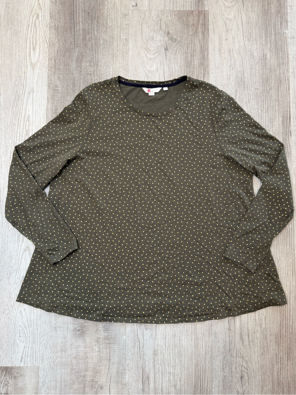 Boden Sabrina Olive Green & Gold Polka Dot Long Sleeve Swing Top Womens size XL